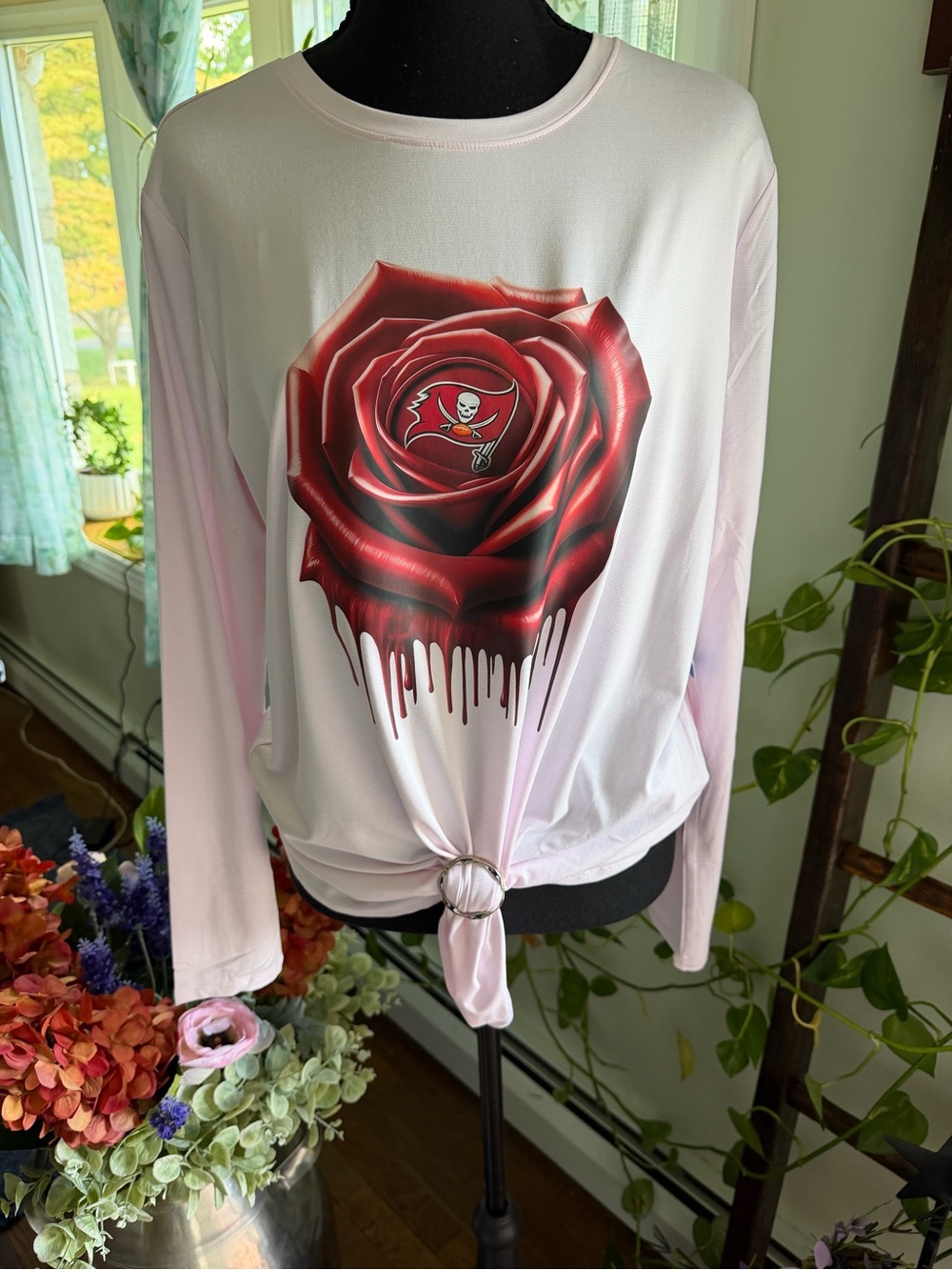 Tampa Bay Buccaneers Pink Long-Sleeve Tee with Red Dripping Rose Graphic
